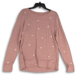 Loft Womens Pink White Embroidered Crew Neck Pullover Sweatshirt Size Medium