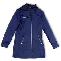 Womens Blue Long Sleeve Pockets Fleece Hooded Full-Zip Jacket Size Small