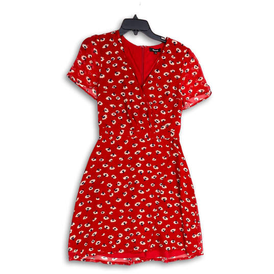 Womens Red White Floral Surplice Neck Back Zip A-Line Dress Size 6 image number 1