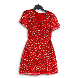 Womens Red White Floral Surplice Neck Back Zip A-Line Dress Size 6