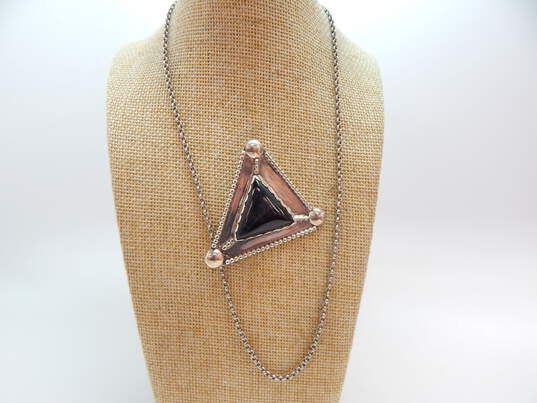 Star Signed 925 Hawks Eye Cabochon Domes & Granulated Triangle Unique Pendant Brooch Rolo Chain Necklace 26.5g image number 1