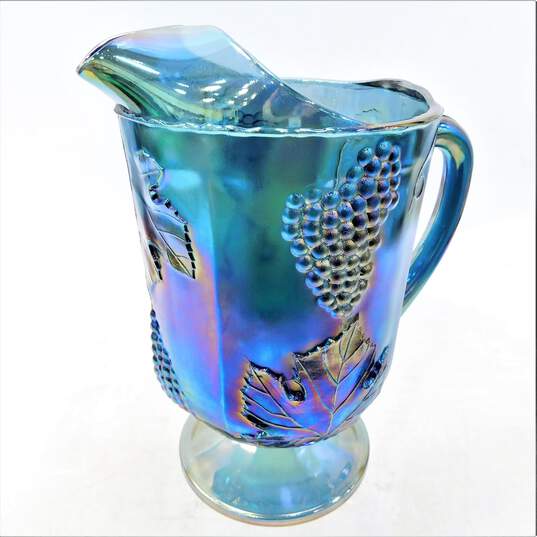 Vintage Carnival Blue Glass Pitcher and 4 Glasses Indiana Iridescent Grape image number 2