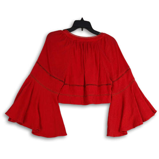 Womens Red Eyelet Tie Neck Bell Sleeve Cropped Blouse Top Size S/P image number 2