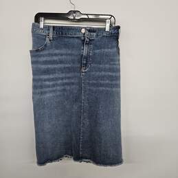 Blue Denim Distressed Fringe Midi Jean Skirt