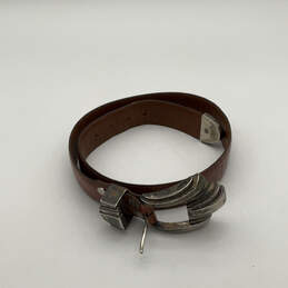 Mens Brown Genuine Leather Silver Buckle Front Adjustable Waist Belt Sz 30
