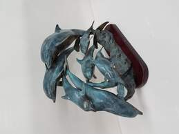 Metal Dolphins Sculpture on Wooden Base 20x15x8