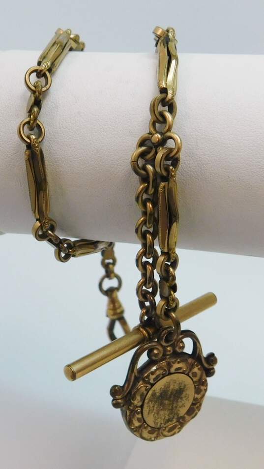 Antique Gold Filled Watch Chain With Rhinestone Accented Fob image number 2