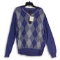 Mens Blue White Argyle Print V-Neck Long Sleeve Pullover Sweater Size L image number 1