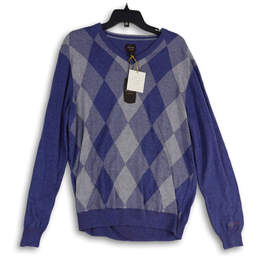 Mens Blue White Argyle Print V-Neck Long Sleeve Pullover Sweater Size L