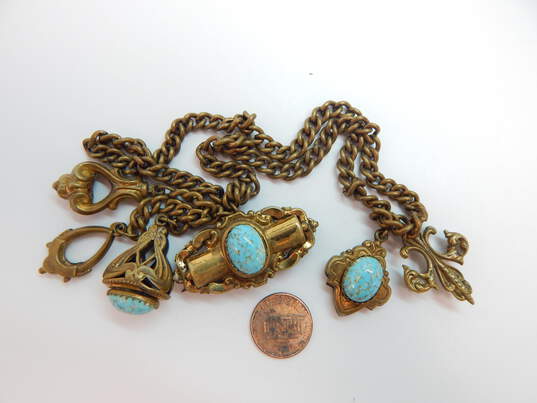 Vintage Victorian Revival Turquoise Glass Chatelaine Swag Chain Brooch 62.2g image number 3