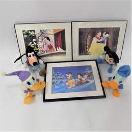 Disney 1980s-90s Litho Prints Snow White Mickey & Friends W/ Plushies