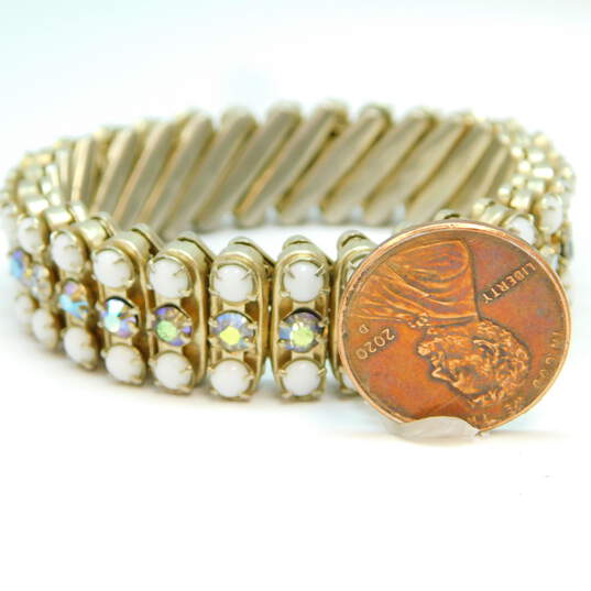 Vintage Gold Tone Aurora Borealis & Faux Pearl Mushroom Brooch w/ Bracelet & Earrings 44.1g image number 5