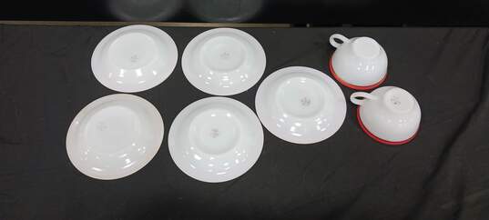 Vintage Bundle of 5 Pyrex White and Red Glass Saucers w/2 Matching Tea Cups image number 3