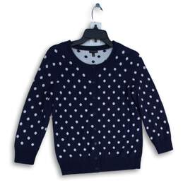 Talbots Womens Navy Blue White Spotted Button Front Cardigan Sweater Size S