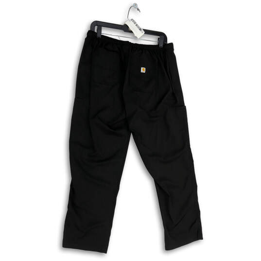 Mens Black Flat Front Pockets Drawstring Straight Leg Cargo Pants Size L image number 2
