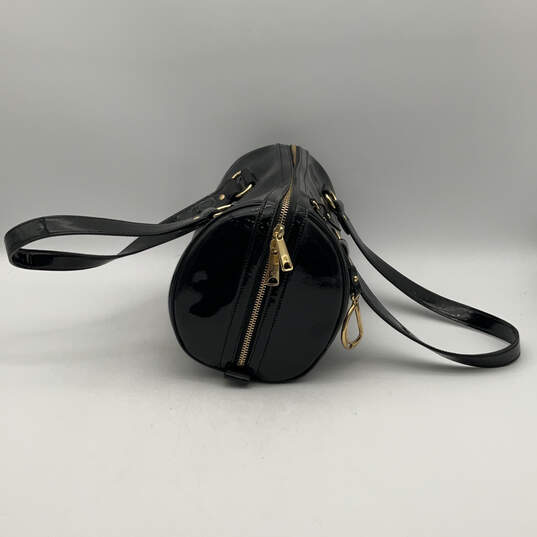 Womens Grosvenor Barrel Black Leather Zipper Double Handle Satchel Bag image number 4