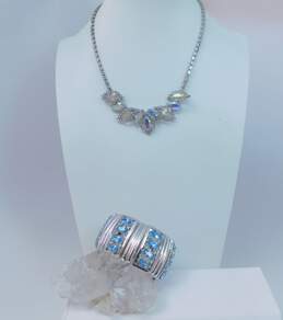 Vintage Harwood & Fashion Blue & Clear Icy Rhinestone Pendant Necklace & Stretch Bracelet 96.3g