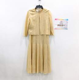 Women's St John 2-Piece Gold Shimmer Transparent Inlay Dress w/ Open Front Cardigan Size 8