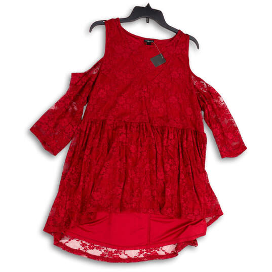 NWT Womens Red Floral Lace Babydoll Stretch Cold Shoulder Blouse Top Size 1 image number 1