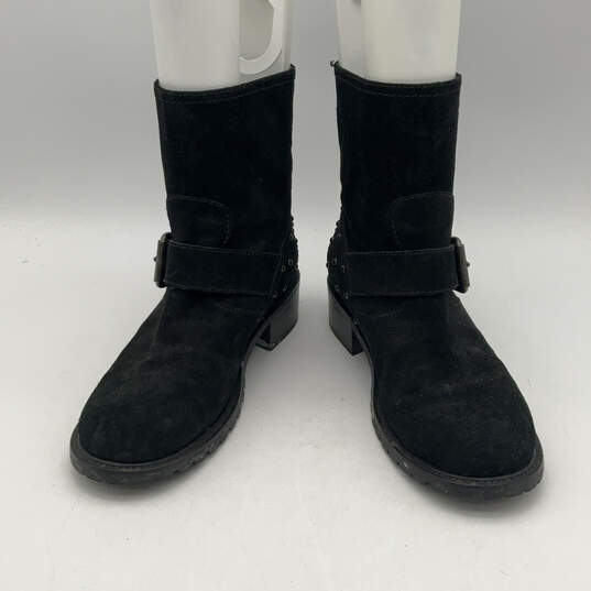 Womens Black Suede Round Toe Adjustable Strap Studded Biker Boots Size 38.5 image number 2