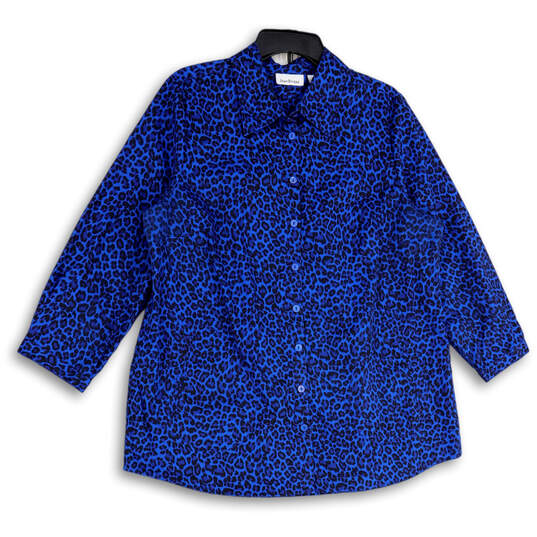 Womens Blue Leopard Print Spread Collar 3/4 Sleeve Button-Up Shirt Size L image number 1