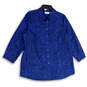 Womens Blue Leopard Print Spread Collar 3/4 Sleeve Button-Up Shirt Size L image number 1