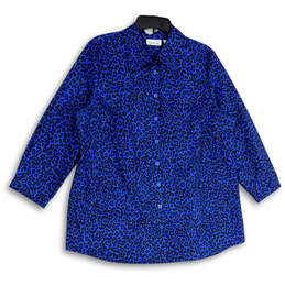 Womens Blue Leopard Print Spread Collar 3/4 Sleeve Button-Up Shirt Size L
