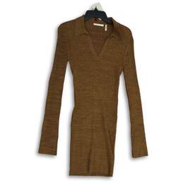 Womens Brown Long Sleeve Collared Knitted Knee Length Sweater Dress Size M
