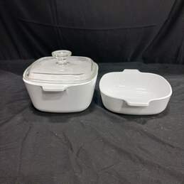 Pair of White Corning Ware Dishes w/ 1 Lid alternative image