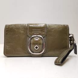 COACH Olive Green Patent Leather Buckle Envelope Card Organizer Wristlet Wallet