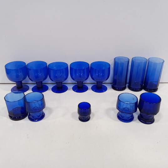 13pc. Assorted Mid-Century Blue Glass Drinkware Set image number 1