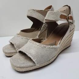 Lucky Brand Mindra Natural/Platinum Metallic Linen Espadrille Heel Sandal Size 7