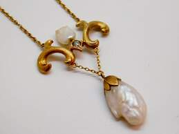 Art Nouveau 14K Yellow Gold Pearl 0.10 CT Diamond Lavalier Pendant Necklace 8.6g