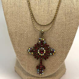 Designer Kirks Folly Gold-Tone Pink Rhinestone Cross Pendant Necklace