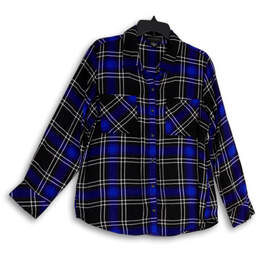 Womens Blue Black Plaid Collared Front Pockets Button-Up Shirt Size Medium