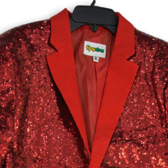 Mens Red Sequin Long Sleeve Notch Lapel Single Breasted Two Button Blazer Sz 44 image number 3
