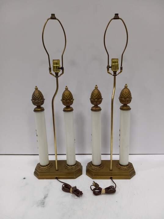 Vintage Pair Of Gilded Milk Glass Pillar Lamps image number 3