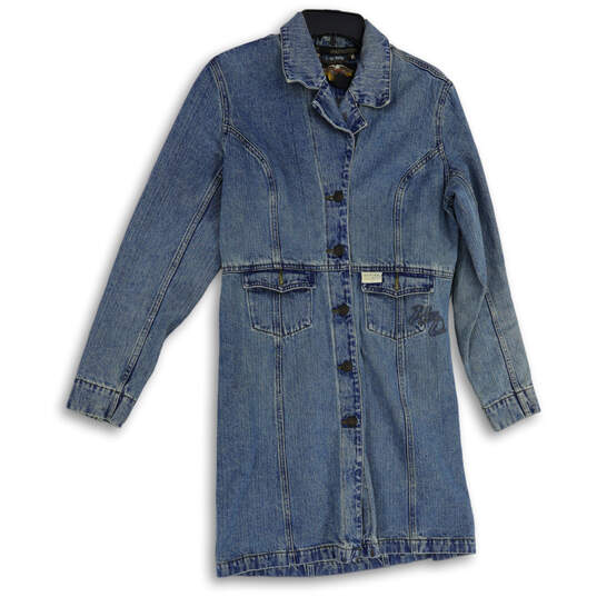 Womens Blue Denim Light Wash Collared Long Sleeve Jean Jacket Size M image number 1