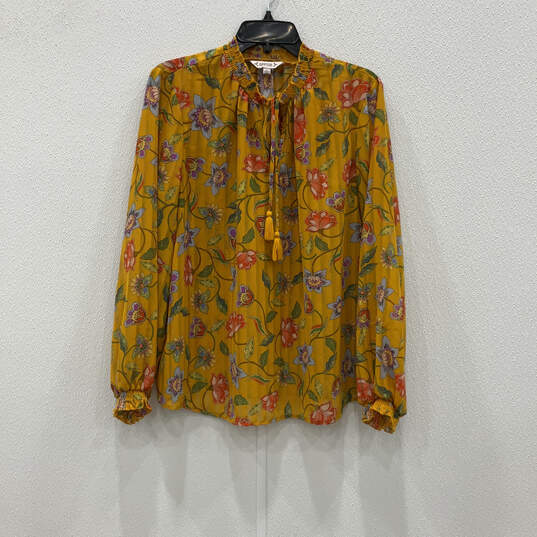 Womens Yellow Floral Pleated Long Sleeve Smocked Tie Neck Blouse Top Sz XL image number 1