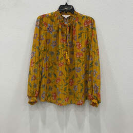 Womens Yellow Floral Pleated Long Sleeve Smocked Tie Neck Blouse Top Sz XL