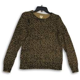 Loft Ann Taylor Womens Black Brown Animal Print Crew Neck Pullover Sweater Sz L