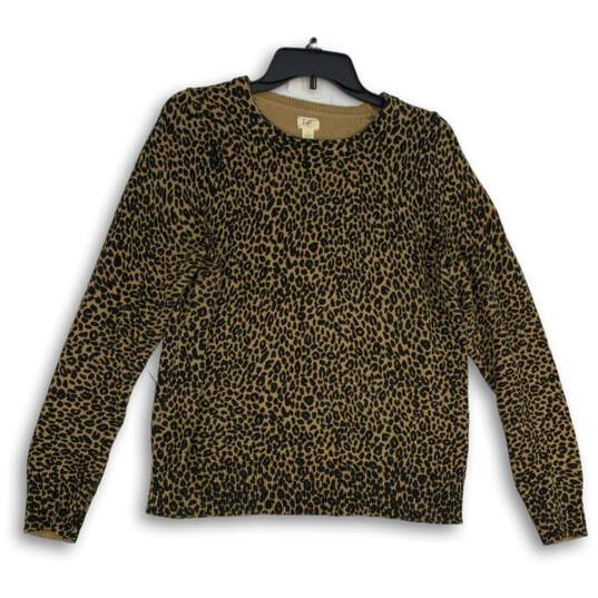Loft Ann Taylor Womens Black Brown Animal Print Crew Neck Pullover Sweater Sz L image number 1