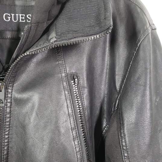 Mens Leather Pockets Long Sleeve Hooded Full-Zip Motorcycle Jacket Size Medium image number 3