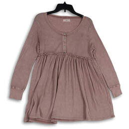Womens Pink Waffle-Knit Henley Neck Long Sleeve Sweater Dress Size Small