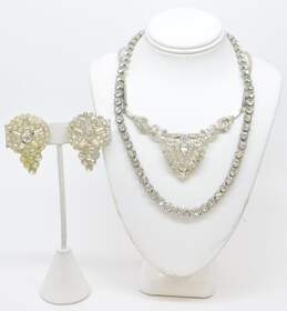 VNTG Icy Rhinestone & Silver Tone Necklaces & Dress Clips 78.2g