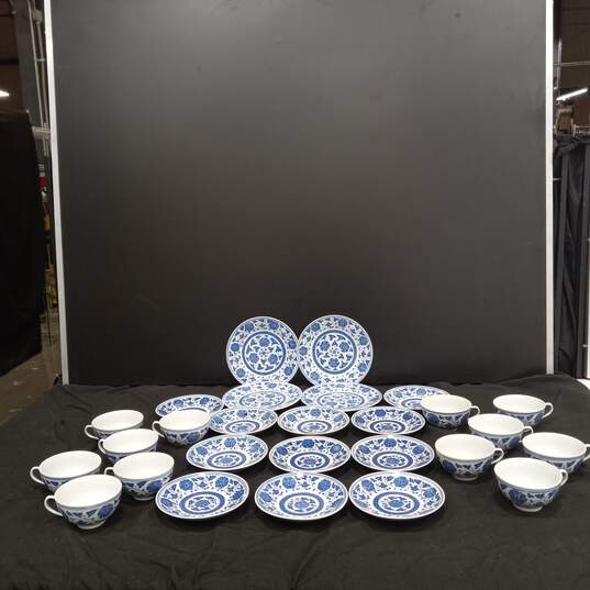 Chinese Blue Floral Teacups, Saucers, & Bread Plates 27pc Lot image number 1