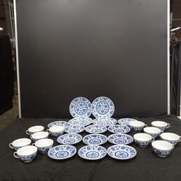 Chinese Blue Floral Teacups, Saucers, & Bread Plates 27pc Lot