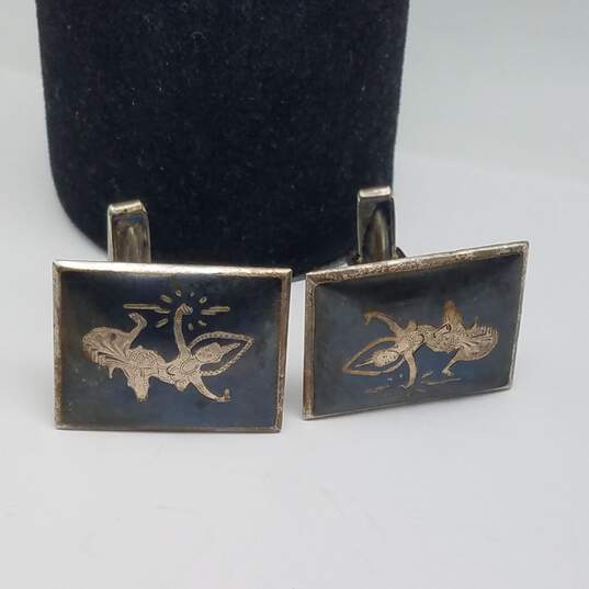 Vintage Sterling Silver Niello Siam Dancers Men's Rectangle Cuff Links 15.5g image number 2