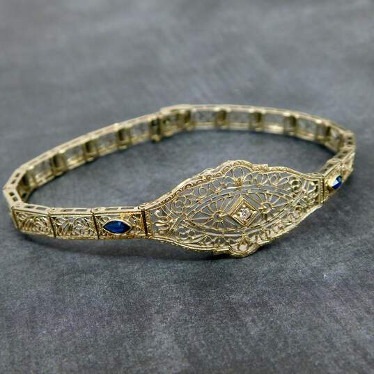 Antique Art Deco 14K White Gold 0.03 CT Diamond Blue Glass Filigree Bracelet 6.7g image number 1