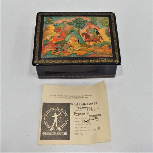 Vintage Ruslan and Ludmila Pushkin Russian Hand Painted Lacquer Box Mstera image number 1